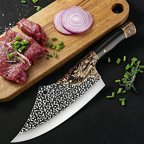 Fusionkei тешки месар нож Професионален месо од месо, расправија за коска, нож за сечење ултра остар кујнски нож за домашна кујна и ресторан со кожна обвивка кутија за п?