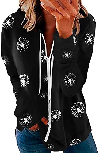 Zdfer Women Zip-up Hoodie јакна печатена џемпер со долги ракави на врвови на блузи туники, аспирани пад на палто палто