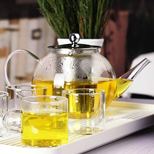 Luxu стакло чајник сет содржи 1 чиста стаклена чајник и 4 чисти чаши за чај од стакло, STOVETOP безбеден 1100ml/37 мл чист стаклен чај
