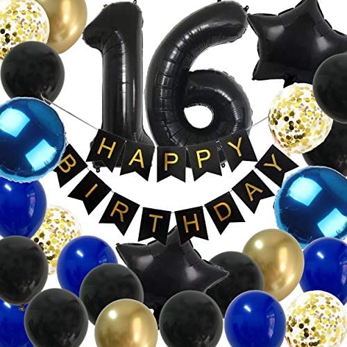 16-Ти Роденденски Украси Момчиња-Кралско сино Злато Среќен 16 Роденденски Балони Забава Материјали За Него Со Црн Банер