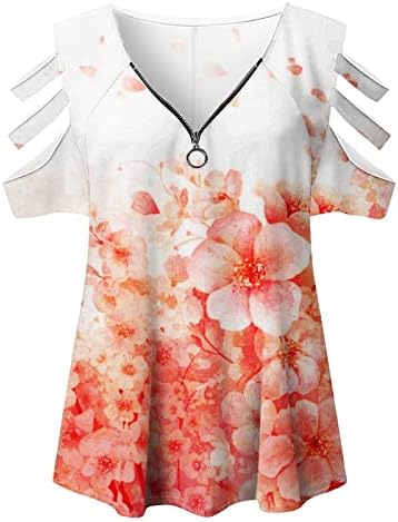 Тинејџерски девојки надвор од маицата со рамо кратки ракави 2023 памук vneck zip up графички принт цветни врвни маици за жени