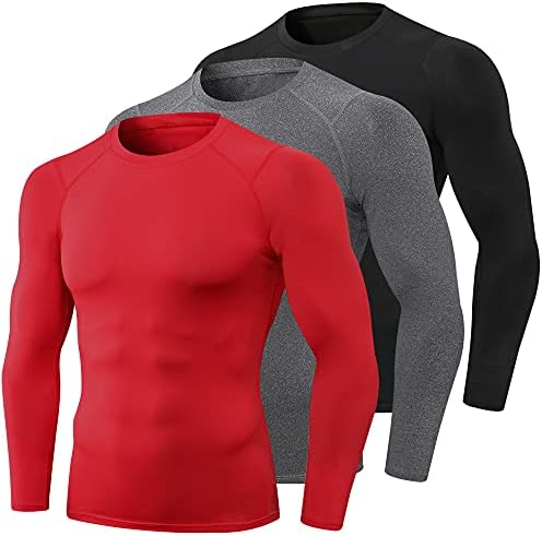 3 Пакувани кошули за компресија со долги ракави за мажи, суво вклопување спортски салата кошули со основен слој што работи врвен
