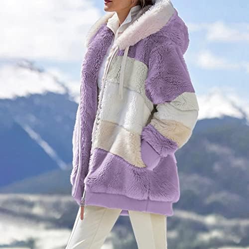 Женска боја блок за зашивање шерпа јакна зимско топло топло падиње на кадифен фланел палто од руно ќебе со аспиратор