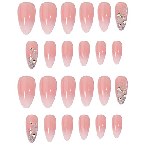 24 парчиња долги луксузни 3Д сјајни долги лажни нокти со ригистони кои тресат француски остри зашилен прст на комплет за нокти
