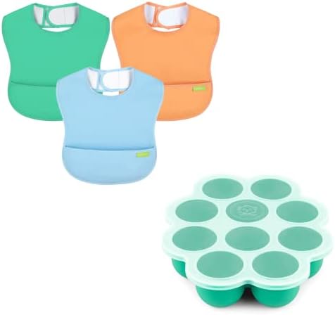 Кебаби 3-Спакувајте Водоотпорни Бебешки Лигавчиња За Јадење и Силиконски Послужавник За Замрзнување Храна За Бебиња Со Клип-Капак-Лесна
