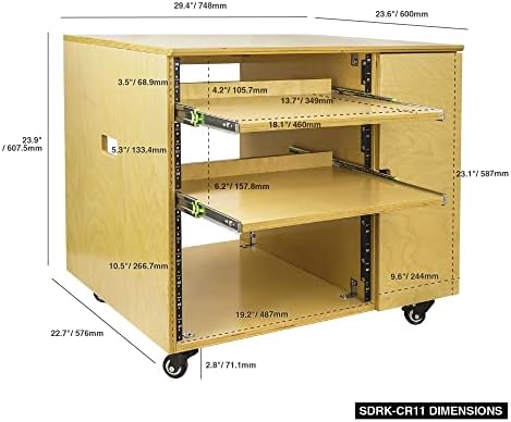 Sound Town DIY 11U STUDIO STUDIO STUDIO RACK со фиоки за слајдови, кабинети, тркачи, златен даб, за просторија за снимање, домашно студио