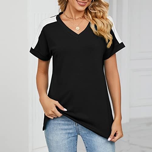 Womanена маица обична личност Дизајн на боја, во боја крпеница краток ракав против маица со вратот лабава топ 4x женски врвови