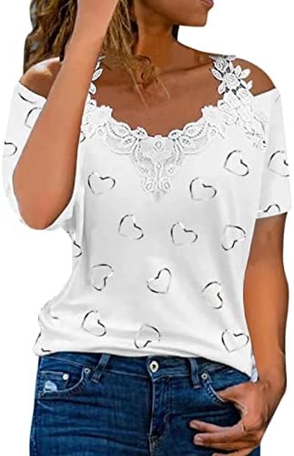 Маици пулвер жени со кратки ракави врвови чипка што се спојува ладно рамо-маица за вратот летни обични кошули со пукаловер, маички
