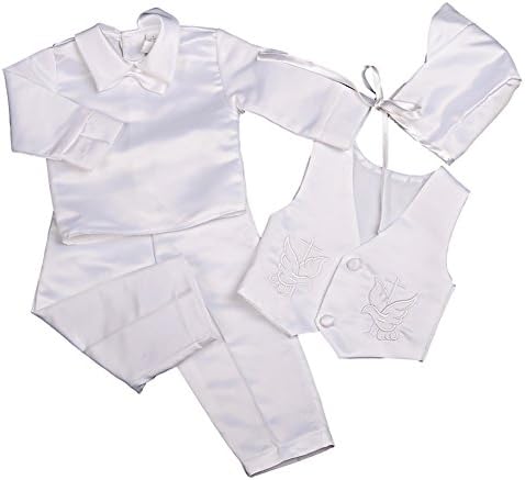 Фустани Дејзи бебешки момчиња крштевање облека за крштевање облека бел сатен костум 4 парчиња сет со долг ракав
