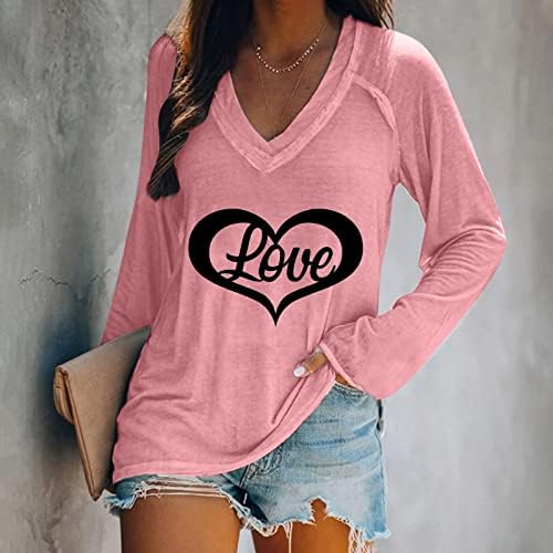 Loveубов женска маичка со маичка со лежерна маица со долги ракави лабава вклопена v врат буква графичка печатена блуза врвови