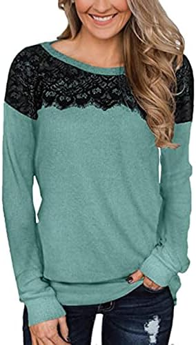 Женски долги ракави чипка за џемпери во боја, тенок, фит елегантен пулвер под земја, гроздобер екипаж, тенка есенска блуза