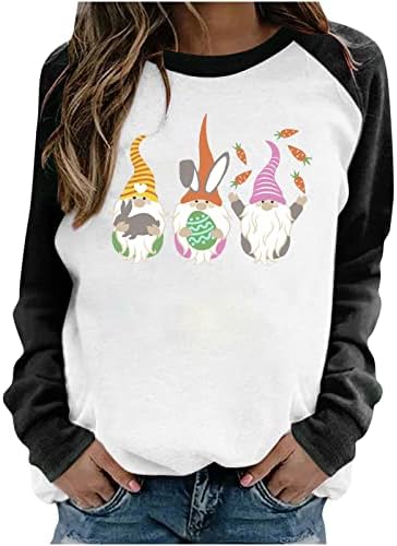 Симпатични гноми зајаче јајца печатеа велигденска маичка за жени екипаж вратот со долг ракав пулвер празник маица врвови