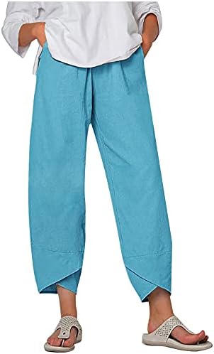 Постелнини панталони жени плус големина култура панталони лабави удобни влечење на лаптивата пижама јога каприс за жени со џебови
