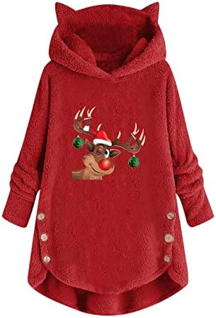 Womanенски кадифен пуловер врвови Божиќ печатени слатки мачки уши капачиња со долги ракави, палто за џемпери со качулка