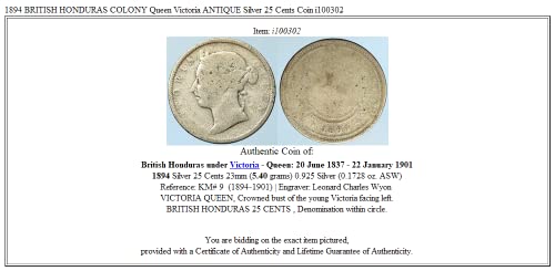 1894 ХН 1894 БРИТАНСКАТА ХОНДУРАС КОЛОНИЈА Кралицата Викторија АНТИЧКИ 25 Центи Добар Несертифициран