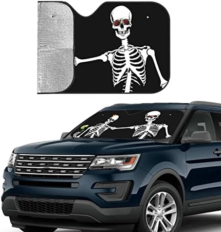 Смешен скелет за череп автомобил шофершајбна Сончева сенка, преден прозорец на автомобилот Сончев штит за штит за повеќето SUV камион