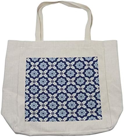 Амбесон-сина торба за купување, традиционална португалска азулејо плочка гроздобер стил цветна мозаична шема, еко-пријателска торба за еднократна
