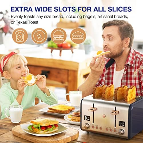 Дигитална countertop на радоста кујна Екстра широк тостер од 4 парчиња, 6 нивоа на кафеава боја со bagel, поставки за одбрана,