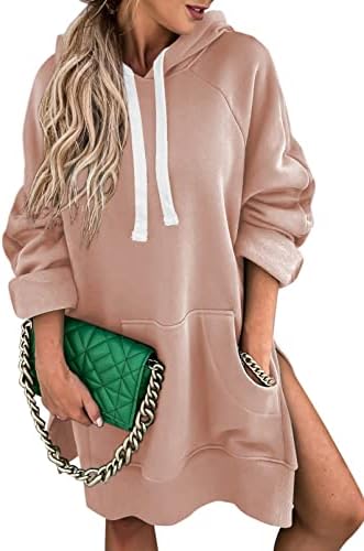Shewin Women'sенски преголем џемпер за џемпер со долги ракави со долги ракави поделена фустан со худи со џеб од кенгур