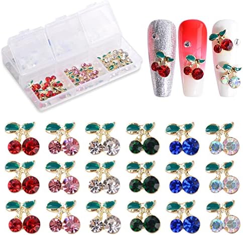 Katfan 60 компјутери 3D нокти Rhinestones, Cherry Nail Charms овошје луксузен дизајн на цреша мулти-бои големи дијаманти кристални нокти столпчиња