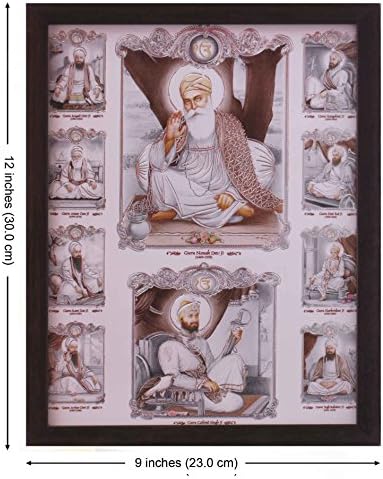 Gurunank Dev Ji и Guru Gobind Singh Ji со осум други Guru's, постер за хартија со рамка, мора за семеен дом / канцеларија по повод