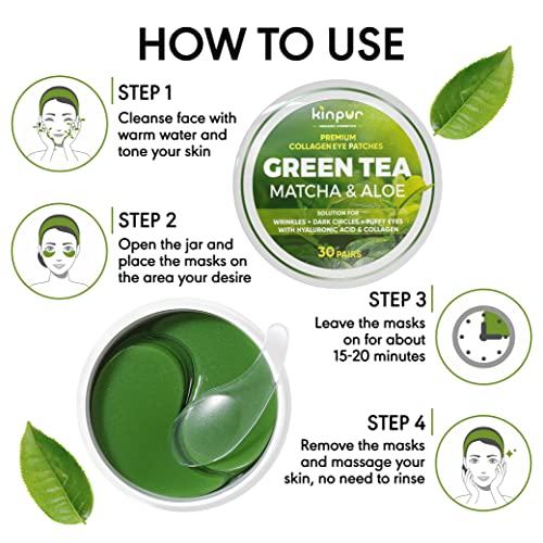 Кинпур органска козметика Зелен чај под закрпи за очи за брчки и торби за очи - маски за очи за темни кругови и подпухналост со колаген, хијалуронска