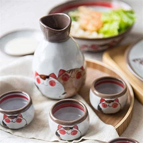 Заради сет, саке за кригла постави јапонски керамички сакети, рачно насликани мачки дизајн вино сет, порцелански чаши занаети за вино 5 парчиња