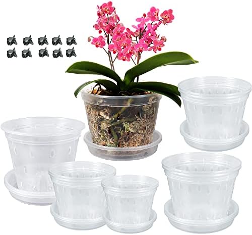 Di qiu ren 10 пакувања чисти садови за орхидеи за репотент, 6 -инчни пластични садови за орхидеи со дупки и чинии, пластично