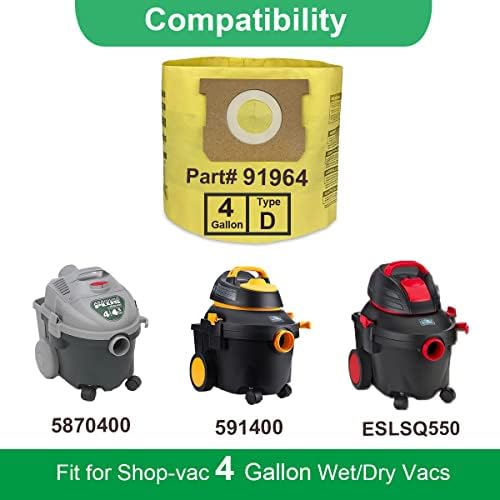 12 пакувања 91964 Тип Д вакуумски торби за филтрирање компатибилни со Shop-VAC 4 галон вакуум, замена 9196400 9196433 торба