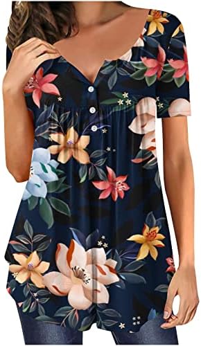 Женски цветни печатени врвови 2023 година лабава скриена стомачна туника сумамр кратки ракави проток Хенли маичка околу блузи на вратот