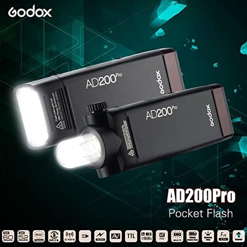 Godox AD200Pro Pocket Flash, преносен SpeedLite со 200WS 2,4G HSS 1/8000S, лесна компактен строј светлина, 2900mAh Li-Ion батерија, 500 Full Power
