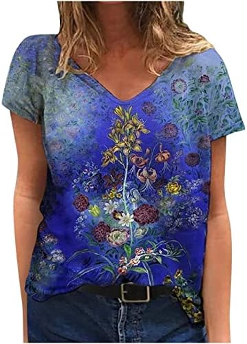 ВЕКК СПАНДЕКС Маица за дами есен лето кратко ракав цветен принт опуштено вклопување кошули за блузи тинејџерки 2023 XB