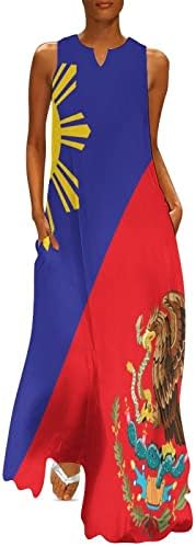 Филипини Мексико Знаме Женски Фустан До Глуждот Тенок Фит Макси Фустани Без Ракави За Лето Секојдневен
