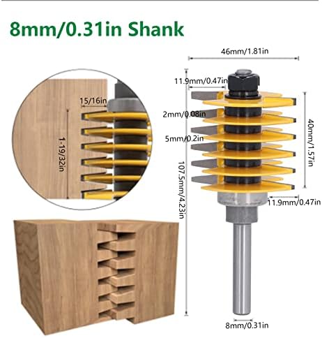 8мм Шанк -рутер за рутер за рутер, 2 заби прилагодлива алатка за сечење на главата од 46 мм за обработка на дрво