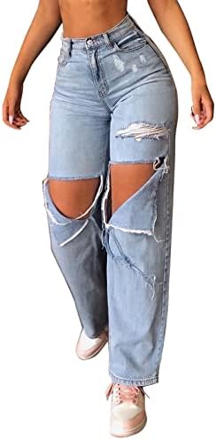 Дами гроздобер сина висока половината искинаа исправени фармерки панталони атлетски патент плус големина на тексас фармерки со џебови
