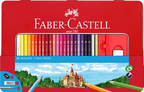 Класични моливи во боја на Faber -Castell, калај сет, 36 живописни бои во цврсти метални куќи - Премиум детски производи за уметност