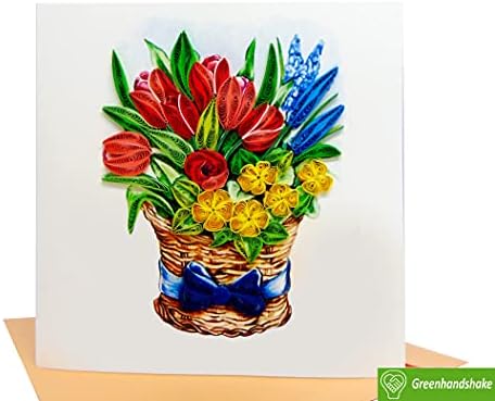 Мешана цветна корпа, Quilling Card 3D - Уникатно посветено рачно изработено, дизајнерска честитка за роденден, Денот на вineубените,