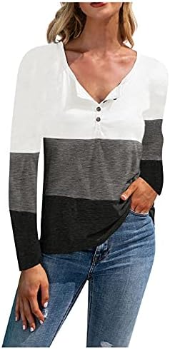 Женски долги ракави туники во боја блок за спојување на тркалезни маици за вратот, слатка маичка лабава блузи, обични врвови
