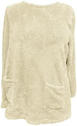 Nokmopo женски обични врвови на женски моден лесен долг ракав џебен со тркалезен врат обичен топол маица со долг ракав