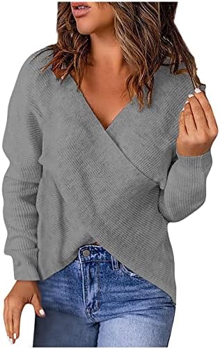 Женски џемпери случајна цврста боја V-вратот лабава плетена џемпер со ребрести екипаж џемперки