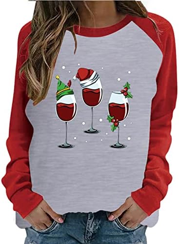 Womenените Божиќни маици со вино со вино, графичка бејзбол маица, смешно писмо со долг ракав, печатени маички врвови