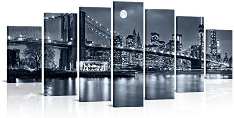 Levvarts Огромни 7 парчиња Бруклин мост платно Wallидна уметност Месечина Месечина Ноќта Newујорк Скај Скај Сцена Слика Слика Печати