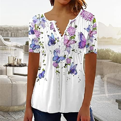 LCEPCY Обични врвови на туника за жени Шарени цветни печати руширана маица V вратот копче со кратки ракави за кратки ракави лабави блузи