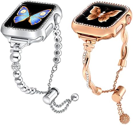 Диландо Блинг Сребрена Метална Мушка Бенд за Apple Watch 38mm и розово Злато тенок Пресврт Бенд Компатибилен со Iwatch Band 38mm