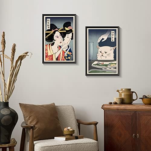 Ikената Икостин вика на мачка јапонски wallидни печати сет од 2 ukiyo-e платно арварија гроздобер постер голем естетски смешен азиски декор