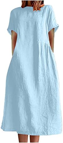 Памучен постелнина фустан за жени летна обична цврста боја, тркалезен врат Краток ракав макси фустан 2023 мода