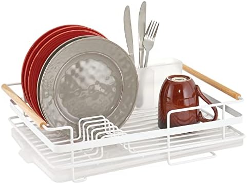Mdesign модерна метална кујна за садови за сушење на садови за сушење со пластична лента за прибор за јадење, табла за одвод и рачки од природно дрво - складирање на одв?