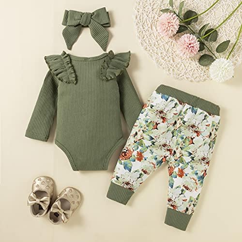 Демохони бебешки девојчиња цветна облека за печатење поставени ракави за руфла симпатична облека Топ панталони поставени со лента