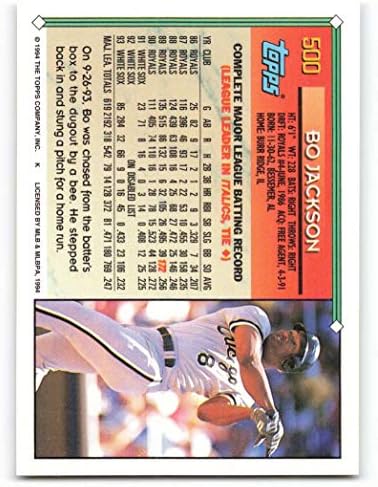 1994 Топпс 500 Бо acksексон НМ-МТ Чикаго бел Сокс бејзбол