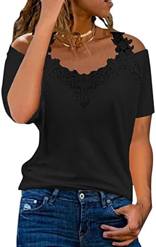 Женски врвови и блузи секси врвови, жени 2022 кошули за жени чипка за чипка против вратот на вратот, обични кратки ракави блузи